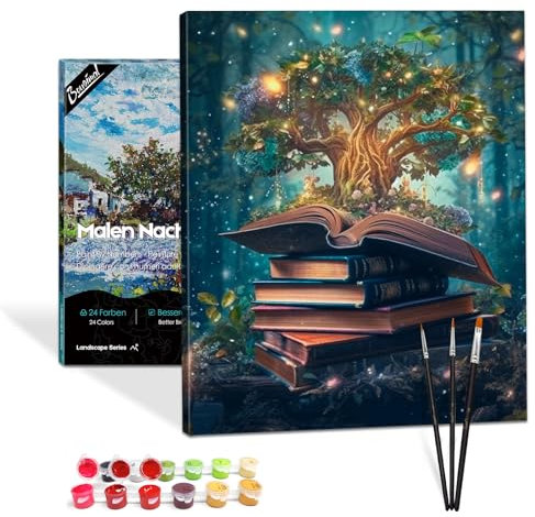 Bougimal Peinture par numéros Paysage adulte avec cadre, pinceaux et peintures acryliques - 40 x 50 cm, arbre magique