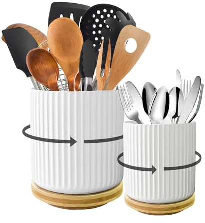 Utensilienhalter, 360° drehbarer Küchenutensilienhalter für Arbeitsplatte, 17,5 cm + 13,5 cm, moderner großer Spatel-Halter, Küchenutensilien-Organizer für Bauernhaus, weißer Keramik-Utensilientopf,