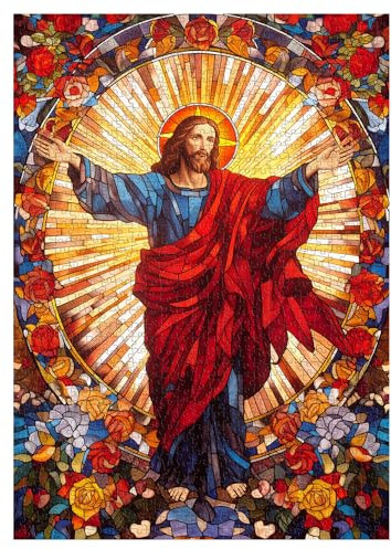 Christian Jesus Puzzles for Adults 1000 Pieces, Stained Glass Religious Jigsaw Puzzle Impossible Art Puzzle, Hard Challenging Christian Puzzle as Christian Wall Decor