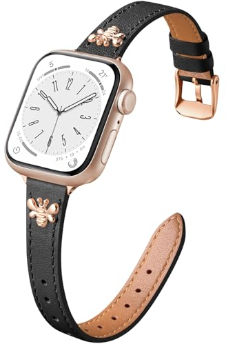CeMiKa Slim Leather Straps Compatible with Apple Watch Strap 38mm 40mm 41mm 42mm, Thin Leather Band with Charm for Apple Watch SE/iWatch Series 10 9 8 7 6 5 4 3, Women Men, Black/Rosegold Bee