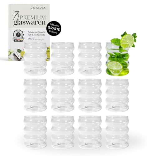 7 O'CLOCK Gläser 12er Set + Getränke Rezept E-Book | Design Wave Glass Mykonos | Trinkgläser Eiskaffeegläser Cocktailgläser Longdrinkgläser Wasser Tee Kaffee | Spülmaschinenfest langlebig | 185ml