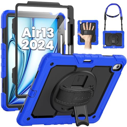 SEYMAC Funda para iPad Air 13 Pulgadas 2024 (M2), con Protector de Pantalla, Soporte Giratorio de 360°/Correa de Mano, Correa para el Hombro, con Soporte para Bolígrafo, Azul