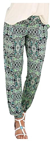 Summer Boho Women's Trousers - UK 2024 Beach Lounge Pants with Vintage Floral Print Linen Fabric, Elasticated Waist, Drawstring, Baggy Harem Hippie Style with Pockets