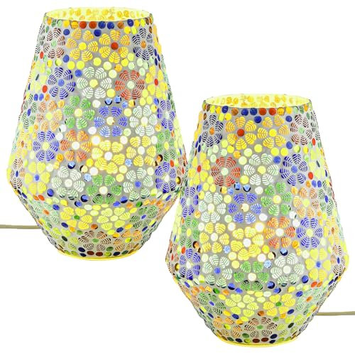 Marrakesch 2er Set Boho Deko Tischlampe Nachttischlampe 24cm groß | Deko Aesthetic Tischleuchte Lampe im Wohnzimmer Schlafzimmer & Kinderzimmer | Tischleuchte Fikus -3- aus Mosaik E27 Lampenfassung