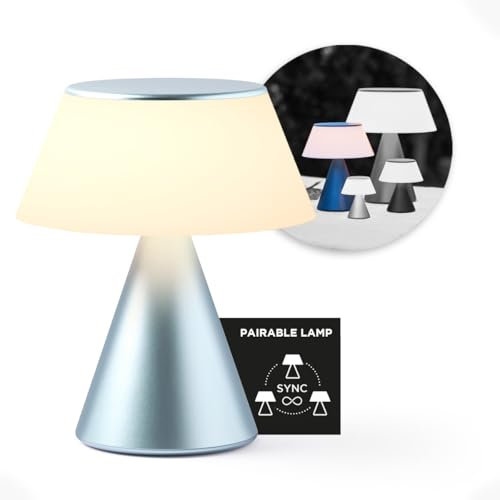 Lexon LUMA L Berührungsempfindliche Nachttischlampe, Kabelloses Nachtlicht mit Dimmfunktion und Mehrlampen-Synchronisierung, 9 LED-Farben, Wiederaufladbar, Aluminiumgehäuse - Hellblau