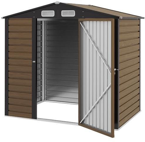 Outsunny Cobertizo de Jardín 190x131x188 cm Caseta de Exterior Cobertizo Metálico con 2 Ventanas de Ventilación y Puerta para Patio Terraza Balcón Roble