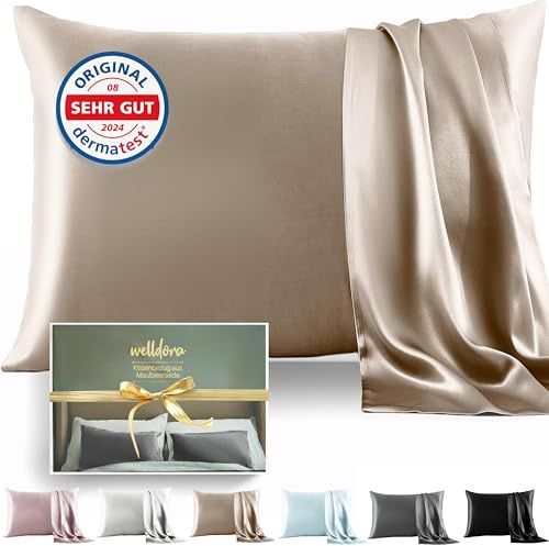 Welldora Kissenbezug 50x70 | 100% Seide 22 Momme | Bettwäsche Beigegold | Luxuriöser Seidenkissenbezug aus Maulbeerseide | Höchste Güteklasse 6A, sanft zu Haut & Haar | OEKO-TEX zert. in der Schweiz