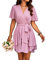 TcIFE Women's Casual Dress Deep V-Neck Short Sleeve Waist Tie Ruffle Chiffon Elegant Mini Short Swing Skater Dresses, Pink, L-1