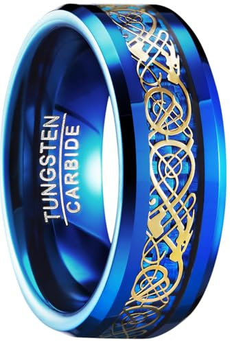 083BASE Herren Tungstenring mit Drachenmuster, 8mm Breite, Zirkonia-Einlage, in Blau, Schwarz und Rot erhältlich - Wolframkarbid Ring für Männer