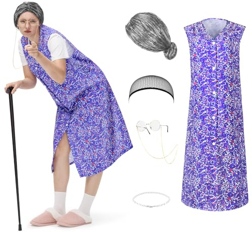 Ulikey Oma Kostüm, Kittelschürze Oma 6 Stück Oma Kostüm Alte Frau mit Perücke Oma, Alterssichtigkeit, Halsketten, Haarnetz für Karneval, Mottoparty, Fasching (Violett, M)