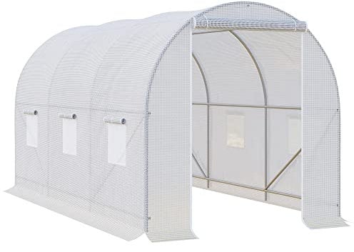 Outsunny Invernadero de Exterior 3,5x2x2 m Invernadero de Túnel con 6 Ventanas de Malla y Puerta Enrollable con Cremallera Invernadero de Huerto Anti-UV para Patio Jardín Blanco