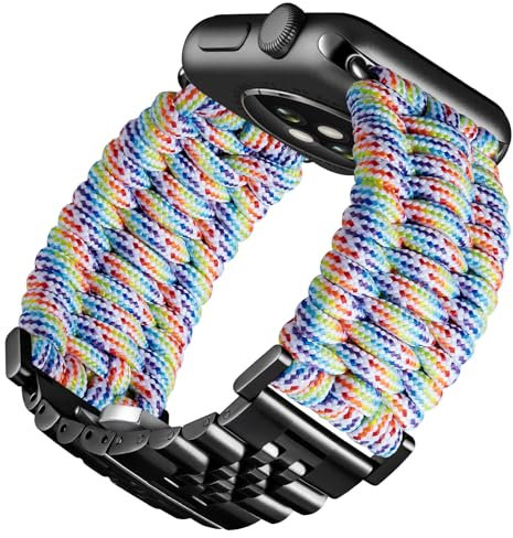 BINLUN Compatibile con Apple Watch Cinturino 42mm 41mm 40mm 38mm Cinturini Sportivo Intrecciato 550 Paracord Acciaio Compatibile con iWatch Serie 10/9/8/7/SE2/SE/6/5/4/3/2/1(Arcobaleno Nero)