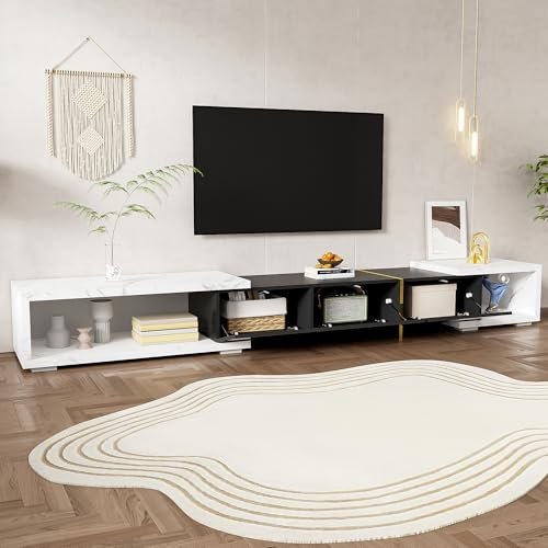 Huayz Mueble de TV con aspecto de mármol blanco, longitud ajustable (140-260 cm), función giratoria, moderno mueble de TV para habitaciones grandes, amplio espacio de almacenamiento, acabado blanco