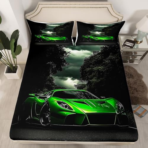 Loussiesd Grün Race Car Spannbettlaken 140x200cm Speed Sport Auto Bettwäsche Spannbetttuch Für Jungen Teens Decor Racing Car Bettlaken Set Extreme Sport Bettlaken Auto