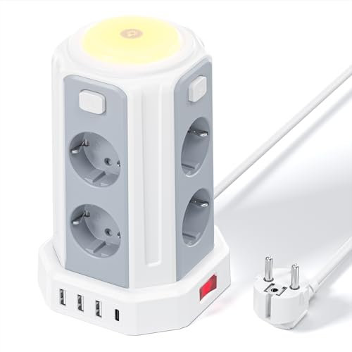 Torre Regletas Enchufes (3600W/16A), 2 M Enchufes Vertical con 4 Puertos USB y 8 Enchufes Tomas Protección con Interruptor y luz para Mesa, Oficia, Casa