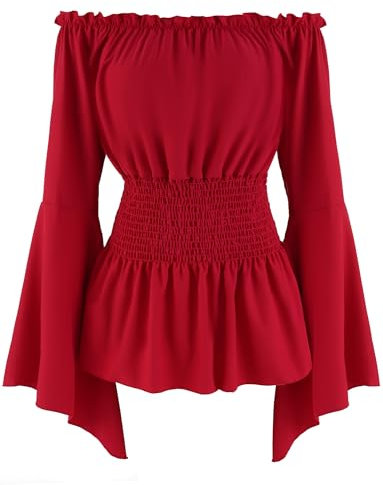 AIEOE Womens Renaissance Tops Medieval Long Sleeve Off The Shoulder Pirate Shirt Gothic Peasant Blouse Red XL