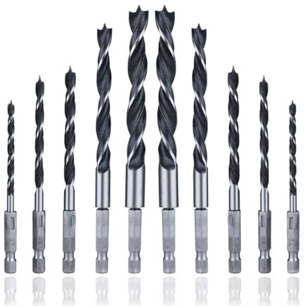 HaoTrade 10Pcs 1/4 Twist Drill Bits Set, Wood Drill Bits Set, HSS Brad Point Drill Bits, Woodworking Dowel Drilling Set Wooden Drills for Woodworking DIY Lover Carpenter, 4mm/ 5mm/ 6mm/ 8mm/ 10mm