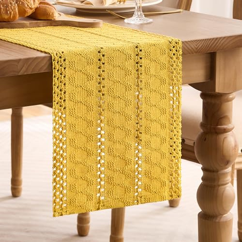 Boho Deko Tischläufer Gelb Herbst Ländlich Tischdecke Bauernhaus Waschbare Senfgelb Modern Table Runner Dekor Tischdekoration Dekoration für Feiertagsparty, Hochzeit, Küchentisch,Balkon 30 x 180 cm