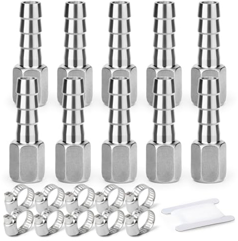TAISHER 10 PCS Forja de acero inoxidable 304 para accesorios de mangueras de aire, Accesorios para mangueras con espiga 8MM Barb x 1/4 FBSP Adaptador de tubería con 10 abrazaderas para manguera