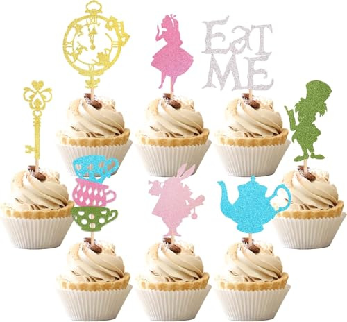 24 Stück Alice im Wunderland Tortendeko Glitzer Schalen Schlüssel Uhr Kuchen Deko Eat Me Cupcke Toppers für Baby Dusche Jungen Mädchen Geburtstag Party Kuchen Dekorationen