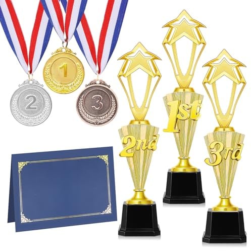 9-teiliges Sieger-Set mit 3 Pokalen, 3 Medaillen, 3 Urkunden, Kunststoff