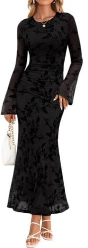 JYIXXZX Womens Maxi Dress Sexy Long Sleeve Floral Mesh Long Dresses Elegant Crew Neck Ruched Bodycon Dress Fall Formal Wedding Guest Evening Gown for Cocktail Party Club