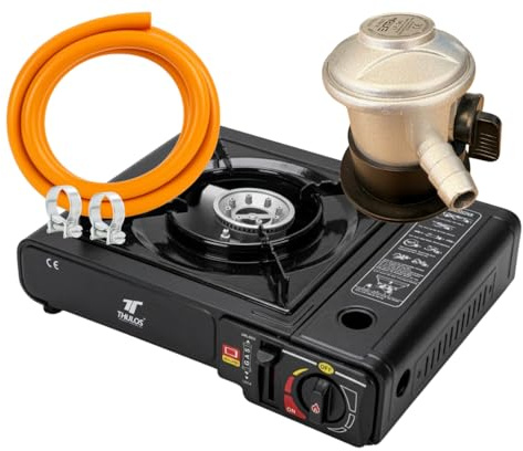 Cocina de Camping Gas Portátil DUAL – Compatible con Cartucho B250 y Botella de Butano – Hornillo Camping Potente, Seguro y Compacto para Exterior (COCINA DUAL + MANGUERA + REGULADOR GAS)
