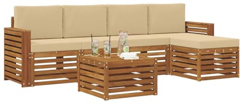 vidaXL Sofagarnituren 6 pcs Natur und Beige Massivholz Akazie, Moderner Garten-Sofa, haltbare Terrasse Sitzgelegenheiten, bequemes Lounge-Möbel für draußen