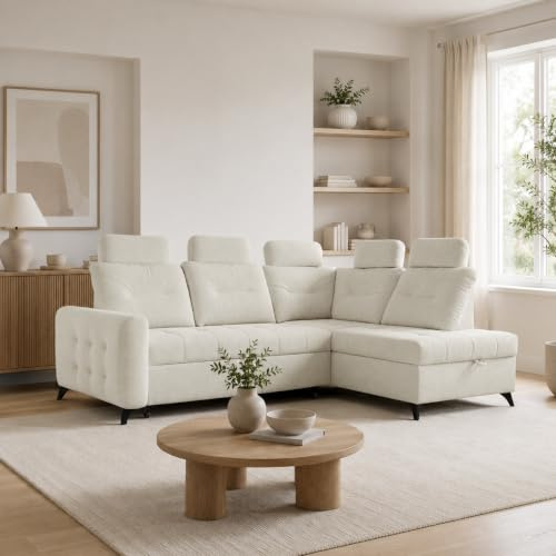 Home Collective Ecksofa Sofa Couch Wohnlandschaft ausziehbar inkl. Bettkasten Schlafsofa Gästebett 250x200 cm L-Form | weicher Stoff & Bonnell-Federkern | verstellbare Kopfstützen | Beige