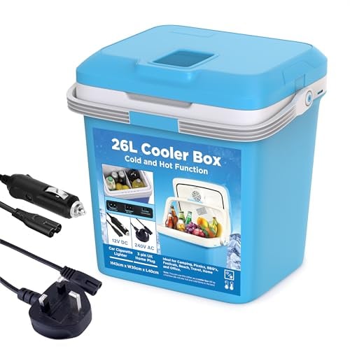 Electric Cooler Box of 26L | Large Cool Box Powered By 12V Cigarette Lighter Socket or UK 3 Pin Plug | Camping | Picnics | Home | Cooler Box | Heat Function