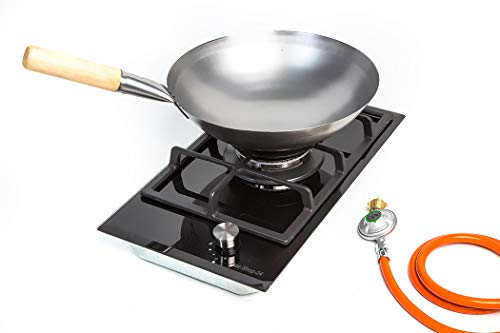 Gaskochfeld 1 flammig Gaskocher Wokbrenner Einbauherd f. Propangas - Erdgas mit Wokpfanne - Guss-Brennerdeckel (Hockerkocher, Asia Kocher Wok, Gasherd, Campingkocher, Camping Kocher)