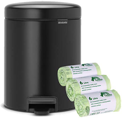 Auntie-Morags Pedal Bin - 5L - Matt Black & 150 x6L Compostable bags (3 Rolls)