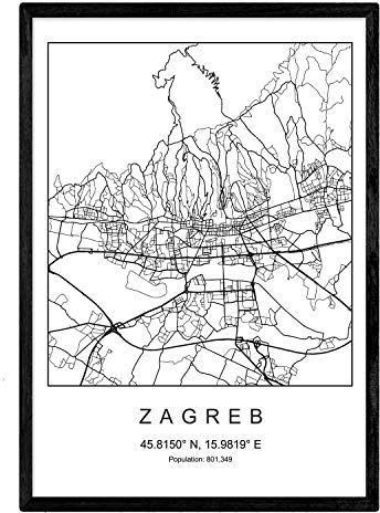Nacnic Stadtplan Blatt Zagreb skandinavischer Stil in schwarz und weiß. A3 Größe Plakat Das Bedruckte Papier Keine 250 gr. Gemälde, Drucke und Poster für Wohnzimmer und Schlafzimmer