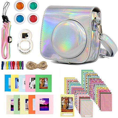 Jinshen Kit d'accessoires pour appareil photo instantané Fujifilm Instax Mini 9/Mini 8/Mini 8+/étui et sangle, filtre, objectif à selfie, autocollants, cadres suspendus (argent laser)