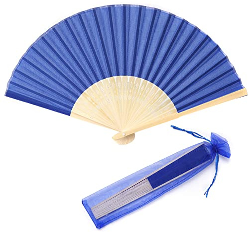 SL crafts 24pcs Imitated Silk Hand Fan Imitated Silk Fabric Bamboo Handheld Folded Fan Bridal Dancing Props Church Wedding Party Favors with Gift Bags (Royal Blue)