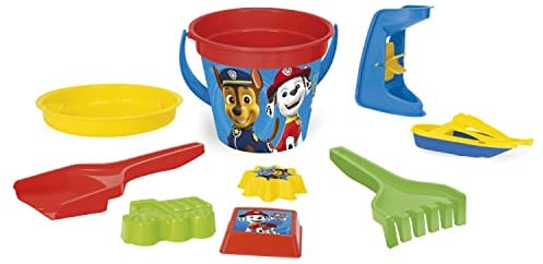 Wader 81135 - Eimergarnitur Paw Patrol mit Eimer, Boot, Sieb, Sandmühle, Schaufel, Rechen und 3 Sandformen, 9-teilig, ab 12 Monaten, ideal als Geschenk für kreatives Spielen