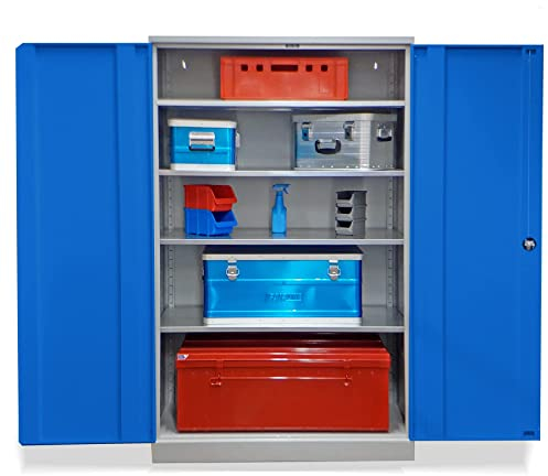 Schrank & Stuhl Werkzeugschrank Obelixxx – Werkstattschrank/Stahlschrank mit 4 höhenverstellbaren, vollverzinkten Fachböden, 195x120x50 cm (HxBxT), Grau/Blau