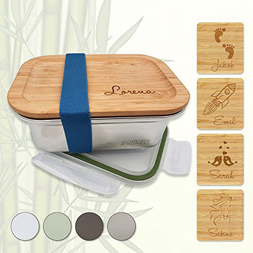 sprengers – Personalisierbare Brotdose aus Edelstahl – nachhaltige & auslaufsichere Brotbox – Lunchbox mit individueller Gravur mit Namen und Motiv - mit Trennsteg (Silber, 1200 ml)