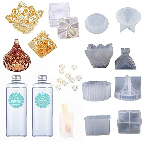 DIY Aufbewahrungsboxen mit Epoxidharz! 500ml kristallklares Epoxidharz 1:1 mit 4 Sätzen Silikonformen für die Herstellung von Aufbewahrungskoffern für kosmetische Organizer für Schmuck