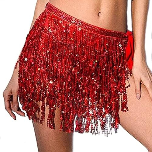 Flovel Damen Rock mit Pailletten Quaste Bauchtanz Hüfttuch Rave Kostüm Fransenrock Halloween Rave Outfit für Damen und Mädchen
