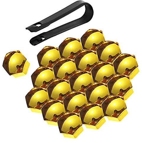 Bseical 20 Stücke Schraubenabdeckung, Radmutter Kappe Universal für Schrauben mit Entfernung Werkzeug Set für Autos, ABS Abdeckkappen für Schrauben KFZ 17mm/19mm/21mm Galvanikprozess (Gelb, 17mm)