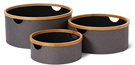 Lumaland Bambus-Rahmen Aufbewahrungsbox 3er Set rund | Boxen in den Maßen ø 45 x 20 cm, ø 38 x 16 cm und ø 30 x 12 cm [Grau/Anthrazit]