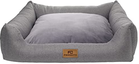 Ferocity Hundebett waschbares Hundesofa mit Rand und Wendekissen, Hundekissen aus Cordura und Samt, Grau und Flachs 100x80 [123]