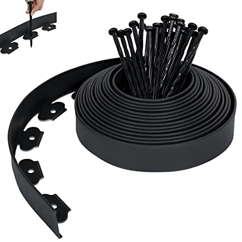 XMTECH Flexible Rasenkante Kunststoff 20m, mit 60 Befestigungsheringen, Beeteinfassung blumenbeet Umrandung Schwarz