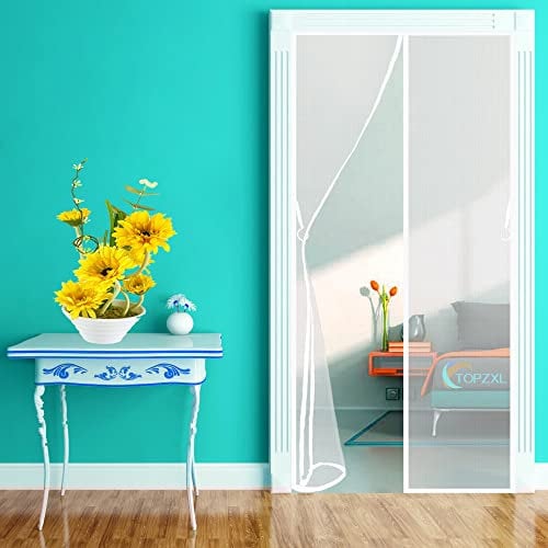 Double Door Magnetic Fly Screen, 140x210cm Heavy Duty Mesh Curtain with Full Frame Hook and Loop Magnets, Sn-aps Shut Automatically for Patio, Large Door, White, 663 Size