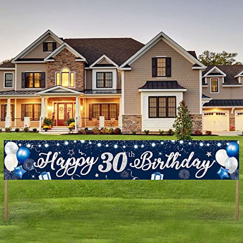 30. Geburtstag Banner, Blau Silber Happy 30th Birthday Banner, Alles Gute zum Geburtstag Banner, 210x40cm Extra Lange Hof Zeichen Poster Hintergrund Dekorationen für Männer 30 Jahre Jubiläum Party