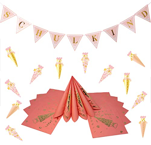 Oblique Unique® Schuleinführung Einschulung Schulanfang Deko Set für Mädchen - Schulkind Girlande + 20 Servietten + Zuckertüten Konfetti Set Rosa Gold