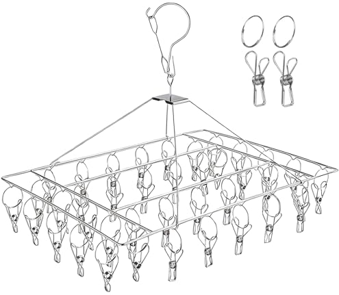 DARUITE Estante de Secado Acero Inoxidable con 40 Pinzas, Gancho Giratorio a Prueba de Viento Colgador de Ropa para para Calcetines, Ropa para bebés, Ropa Interior, Toallas, Guantes (1 Piezas)