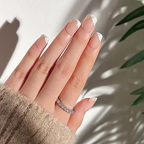 24PCS Short False Nails with Glue Stickers,Coffin Full Cover Acrylic Press on Nails no Glue,White Gold Line French Fake Nails for Women and Girls Nail Art.