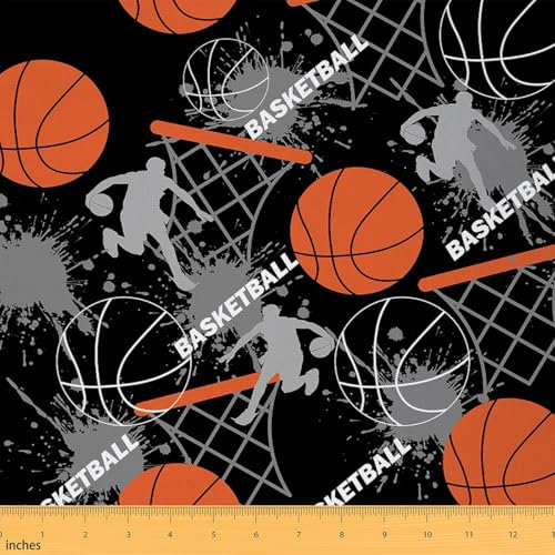Feelyou Basketball Fabric by The Yard,Gaming Sports Upholstery Fabric, Ball Games Outdoor Fabric, Gift for Basketball Lover Reupholstery Fabric for Chairs, 1 Yard, Grey Orange